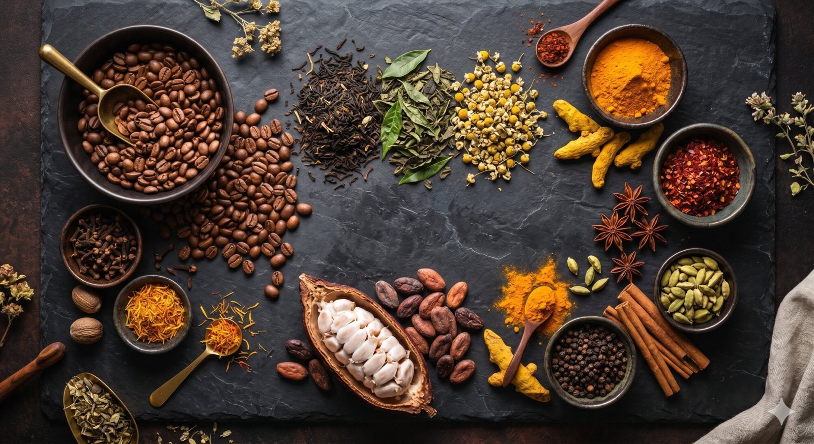 Premium coffee, tea, cocoa and spices